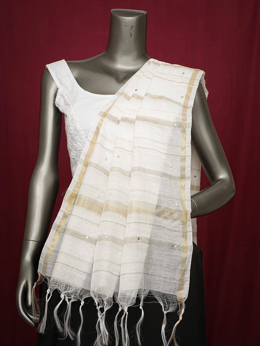 Ada Hand Embroidered White Chanderi Lucknowi Chikankari Dupatta With Mukaish Work 01A383559