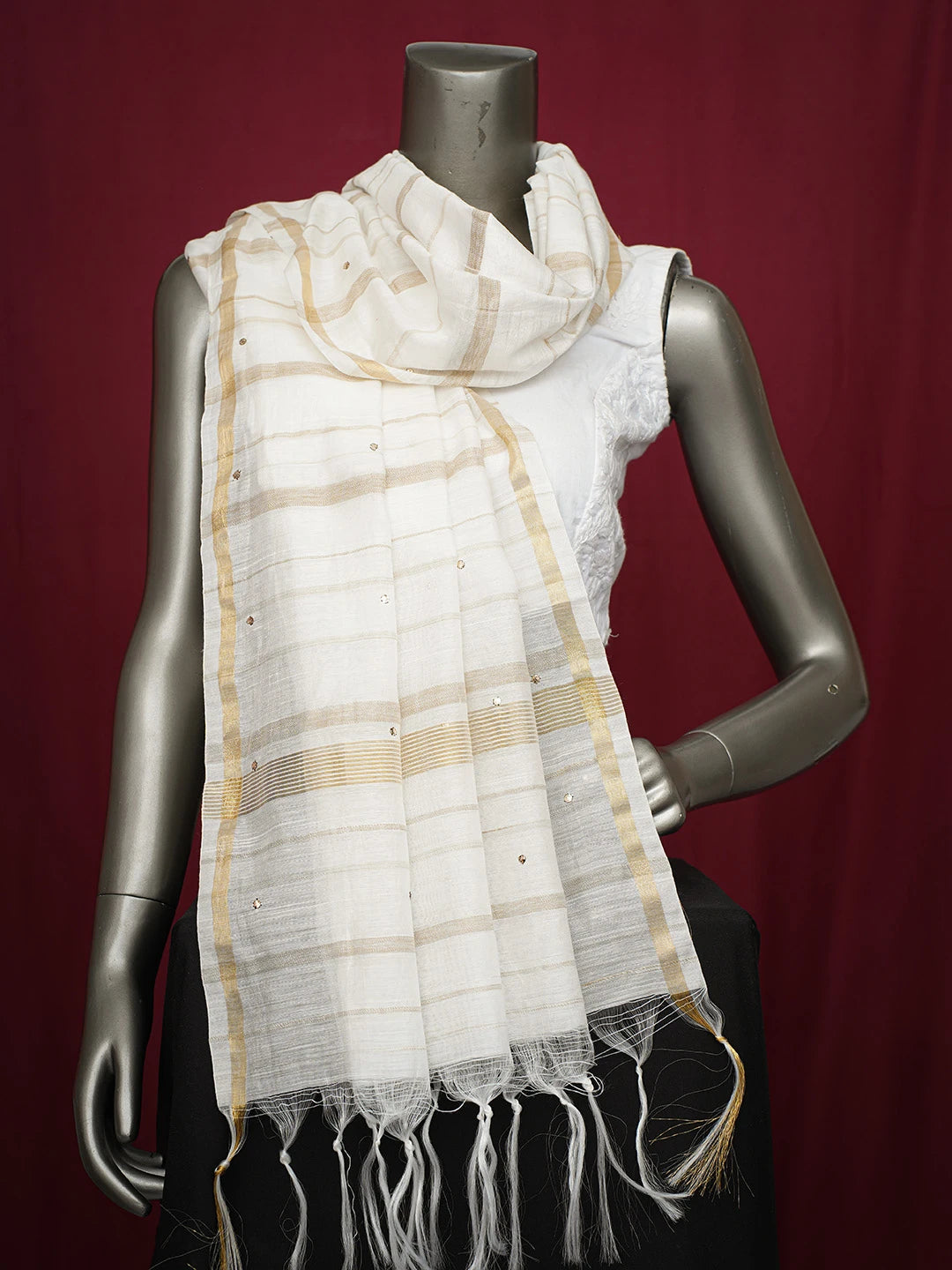 Ada Hand Embroidered White Chanderi Lucknowi Chikankari Dupatta With Mukaish Work 01A383559