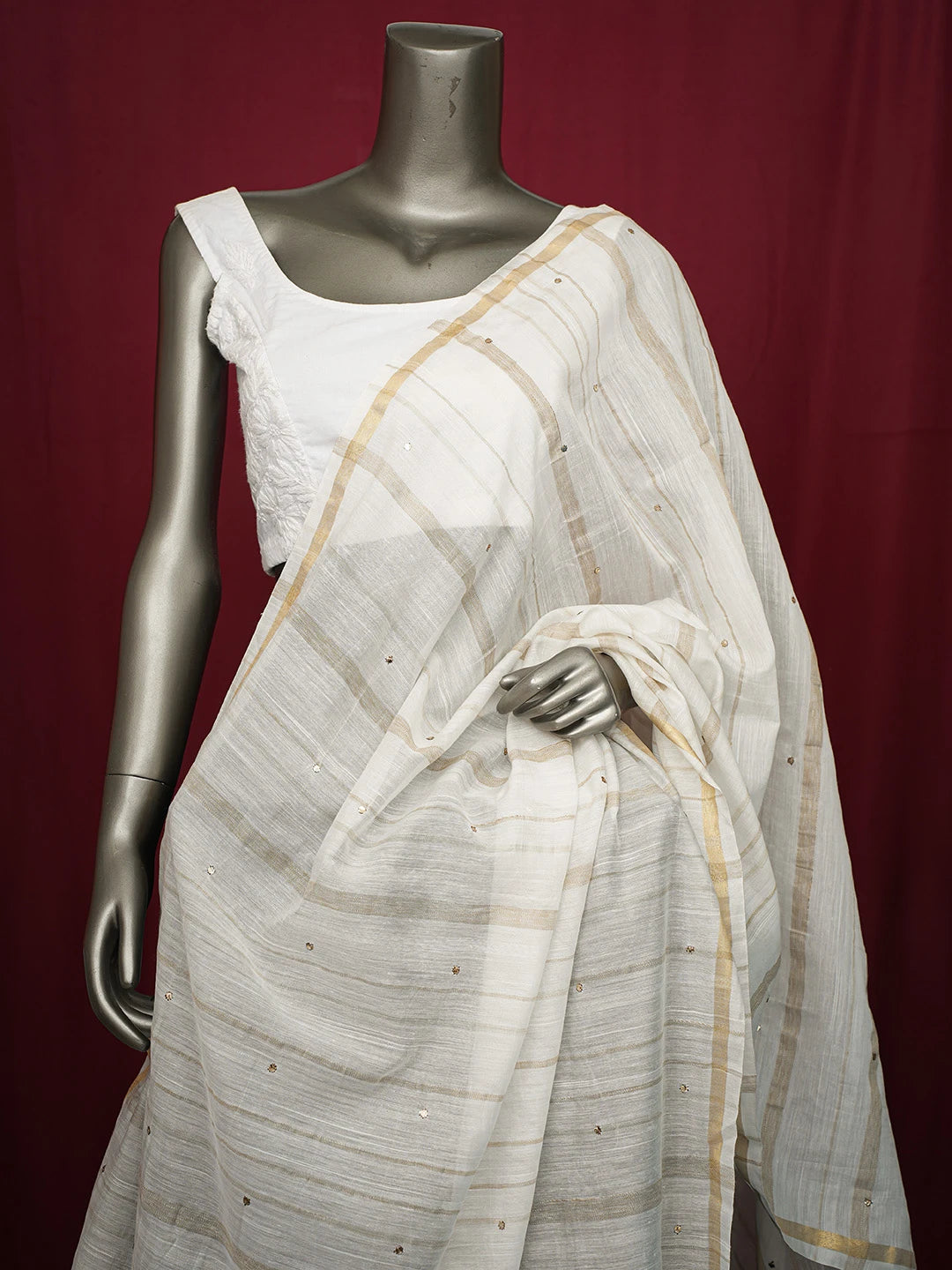 Ada Hand Embroidered White Chanderi Lucknowi Chikankari Dupatta With Mukaish Work 01A383559