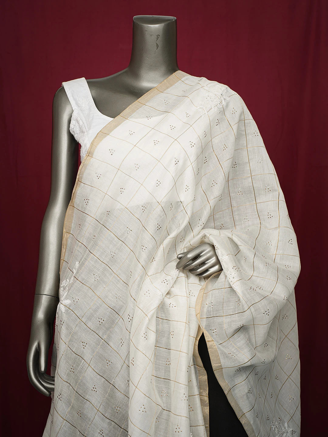 Ada Hand Embroidered White Chanderi Lucknowi Chikankari Dupatta With Muqaish Work 01A207551