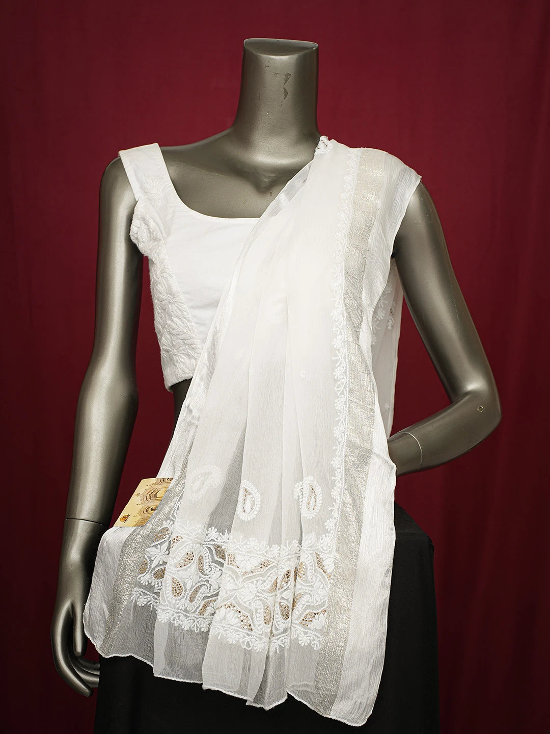 Ada Hand Embroidered White Chiffon Lucknowi Chikankari Dupatta With Muqaish Work 01A721835