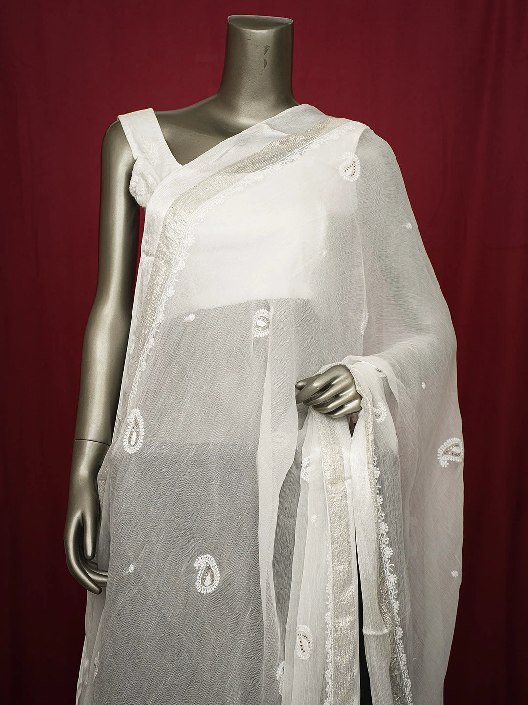 Ada Hand Embroidered White Chiffon Lucknowi Chikankari Dupatta With Muqaish Work 01A721835