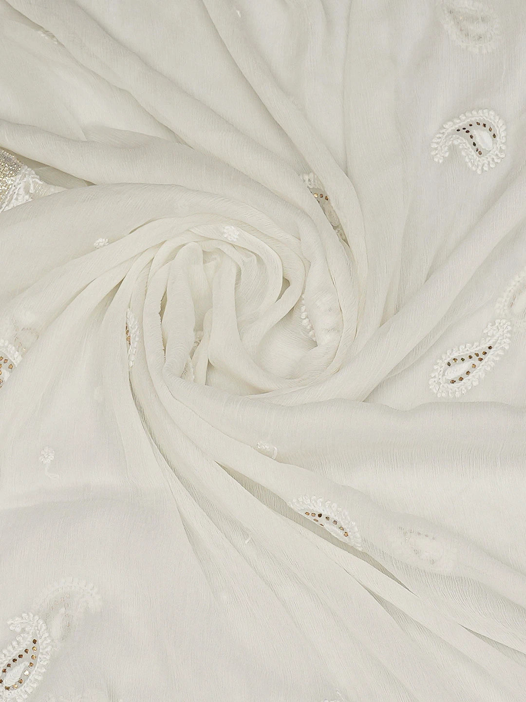 Ada Hand Embroidered White Chiffon Lucknowi Chikankari Dupatta With Muqaish Work 01A721835