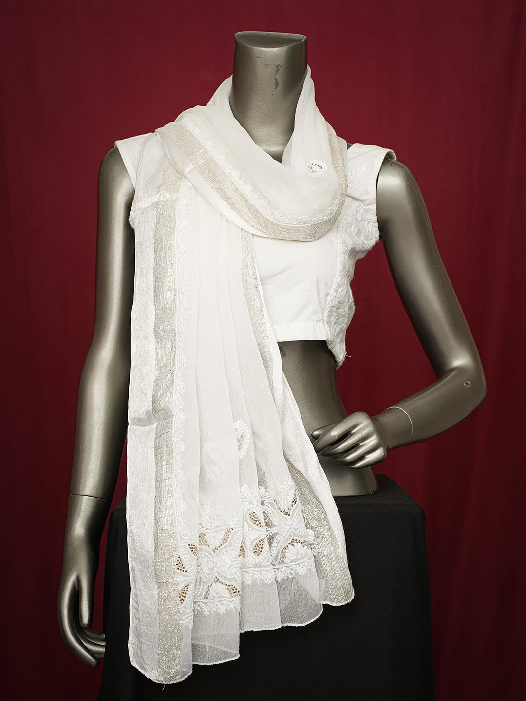 Ada Hand Embroidered White Chiffon Lucknowi Chikankari Dupatta With Muqaish Work 01A721835