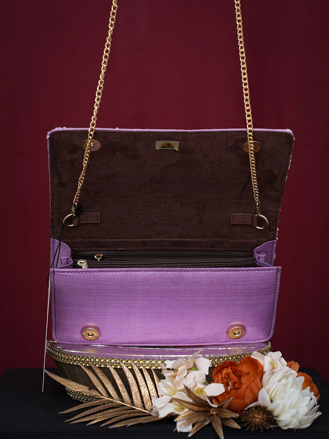 Ada Hand Embroidered Mauve Silk Lucknowi Chikankari Clutch With Golden Zari Taar Work 01A725973