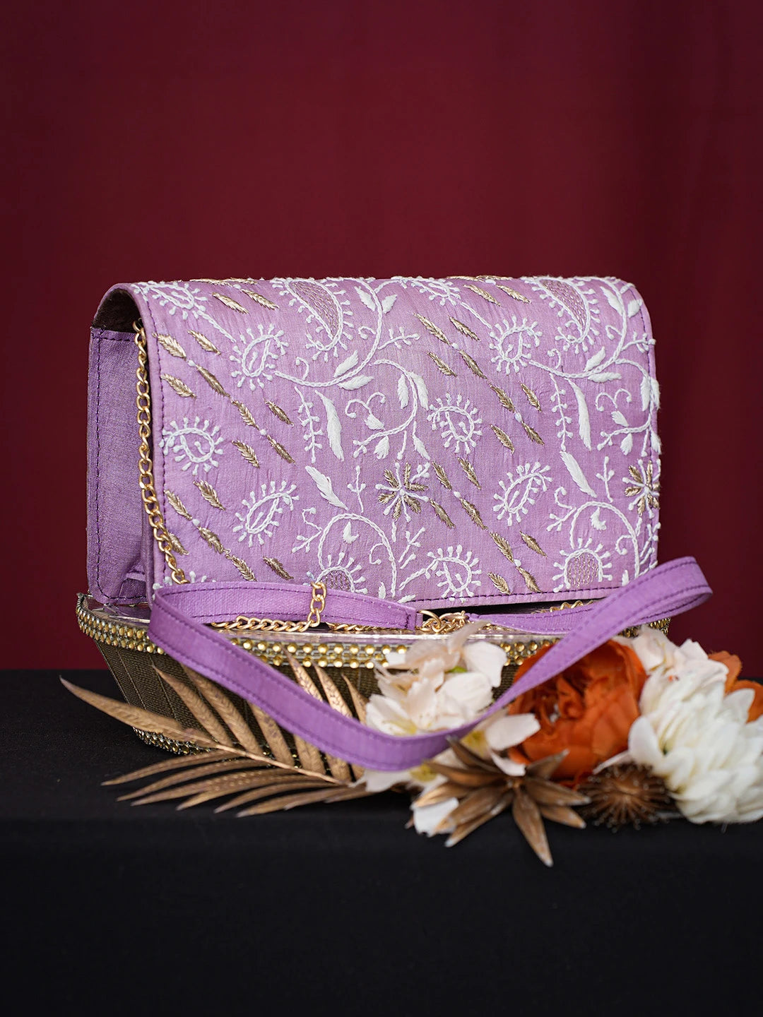 Ada Hand Embroidered Mauve Silk Lucknowi Chikankari Clutch With Golden Zari Taar Work 01A725973