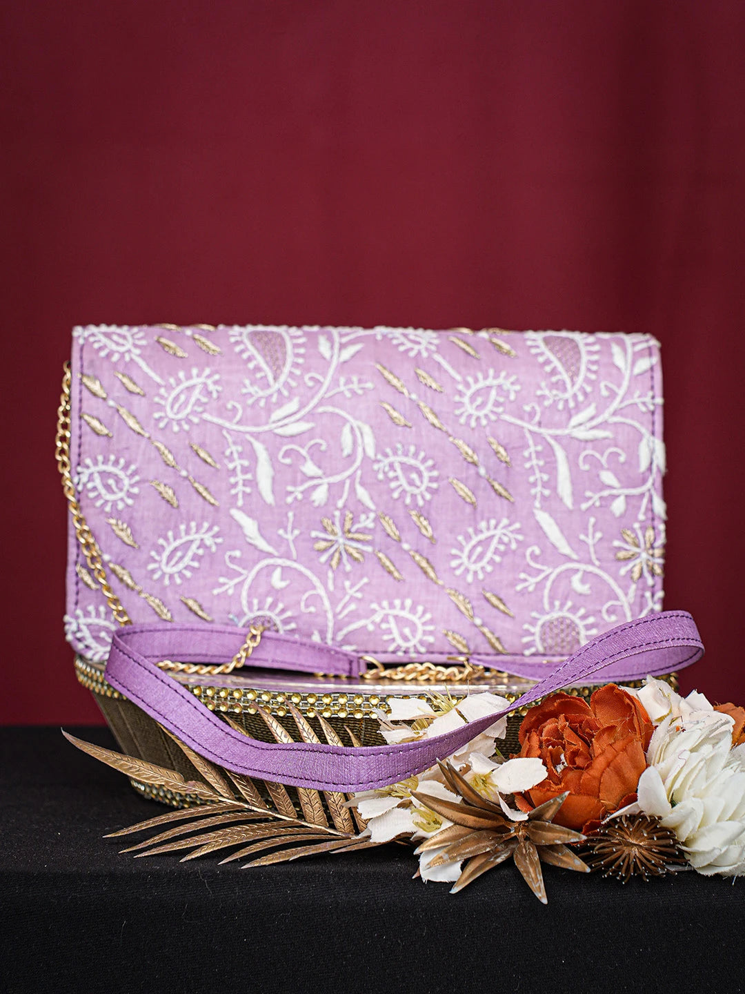 Ada Hand Embroidered Mauve Silk Lucknowi Chikankari Clutch With Golden Zari Taar Work 01A725973