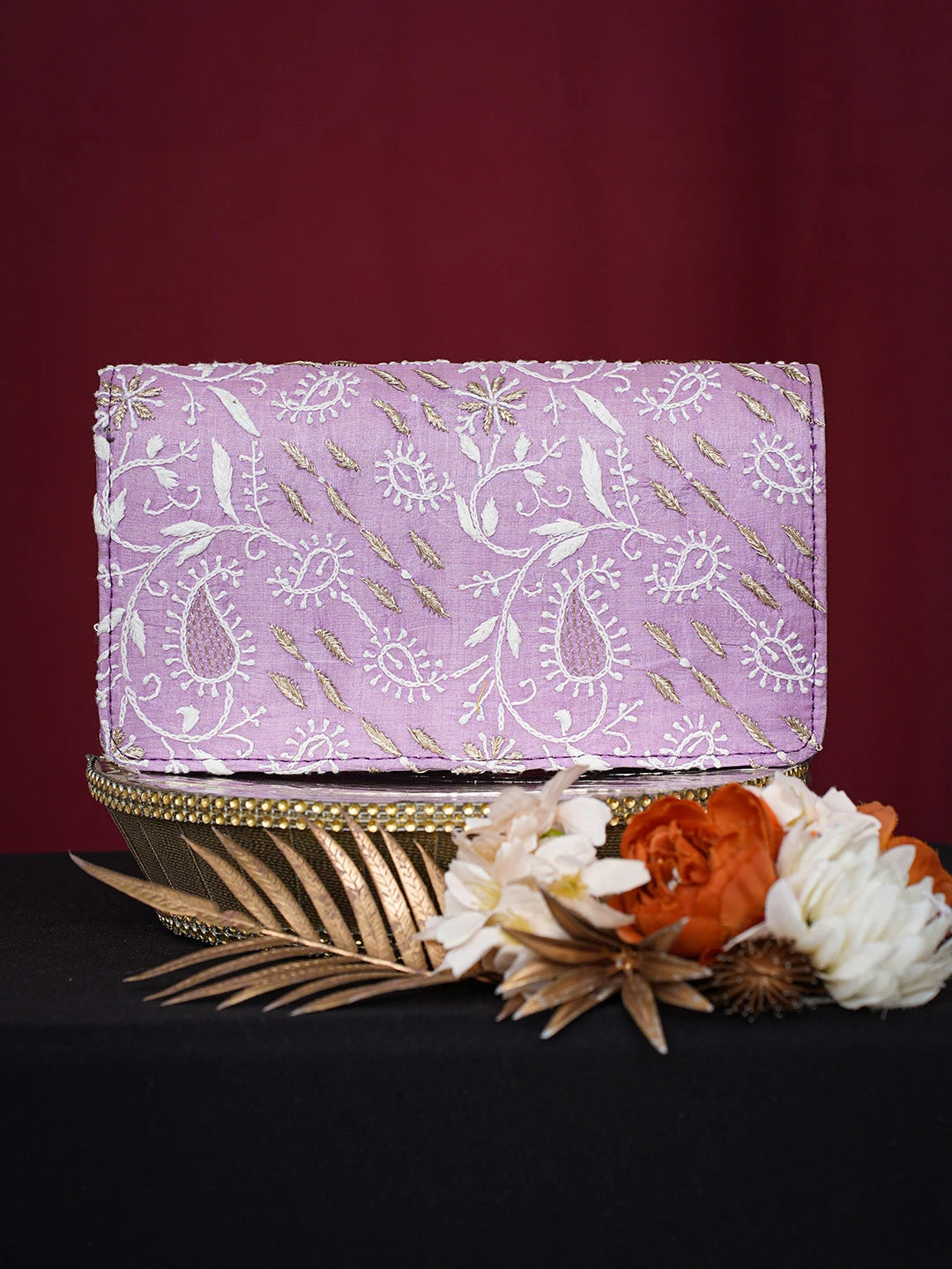 Ada Hand Embroidered Mauve Silk Lucknowi Chikankari Clutch With Golden Zari Taar Work 01A725973