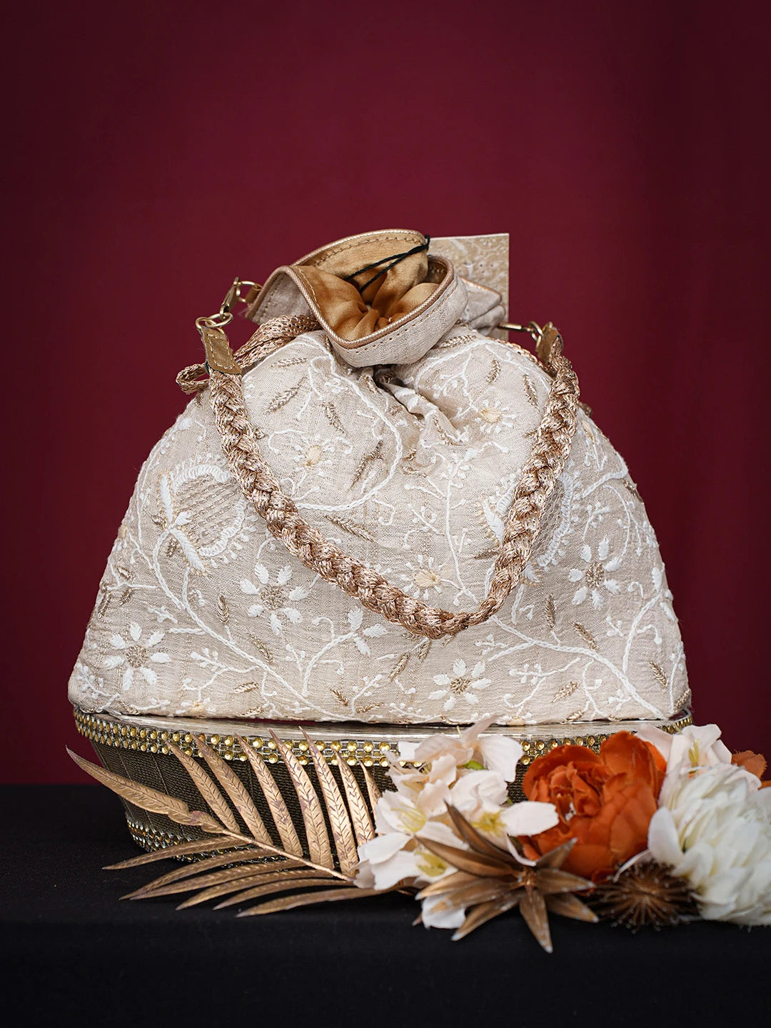 Ada Hand Embroidered Fawn Silk Lucknowi Chikankari Potli Bag With Golden Zari Taar Work 01A718852