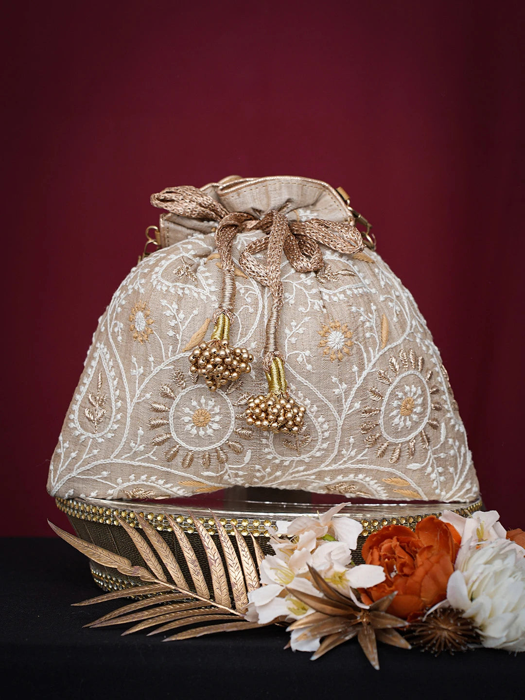 Ada Hand Embroidered Fawn Silk Lucknowi Chikankari Potli Bag With Zari Work 01A738480