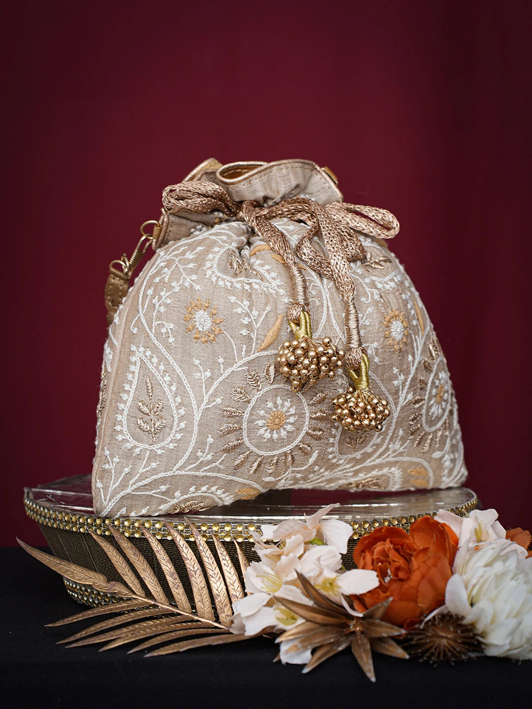 Ada Hand Embroidered Fawn Silk Lucknowi Chikankari Potli Bag With Zari Work 01A738480