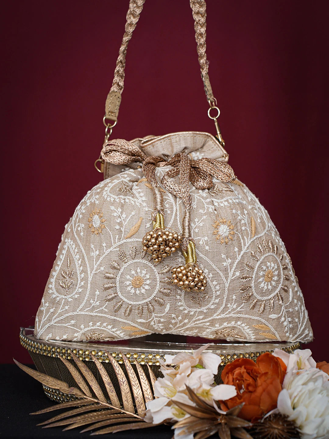 Ada Hand Embroidered Fawn Silk Lucknowi Chikankari Potli Bag With Zari Work 01A738480