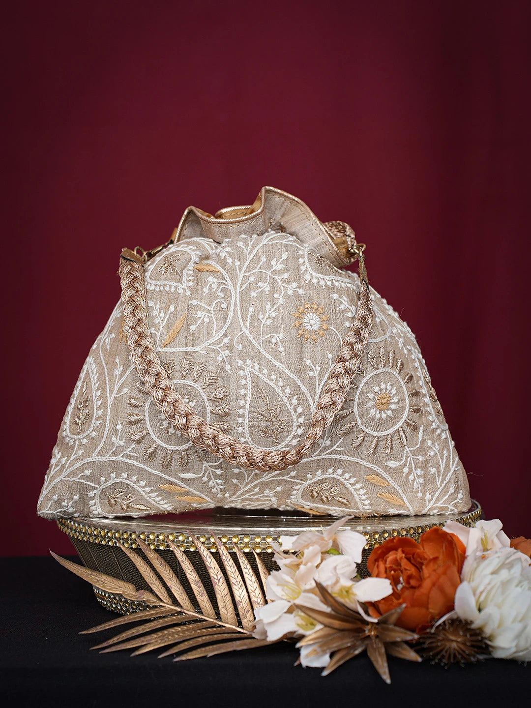 Ada Hand Embroidered Fawn Silk Lucknowi Chikankari Potli Bag With Zari Work 01A738480