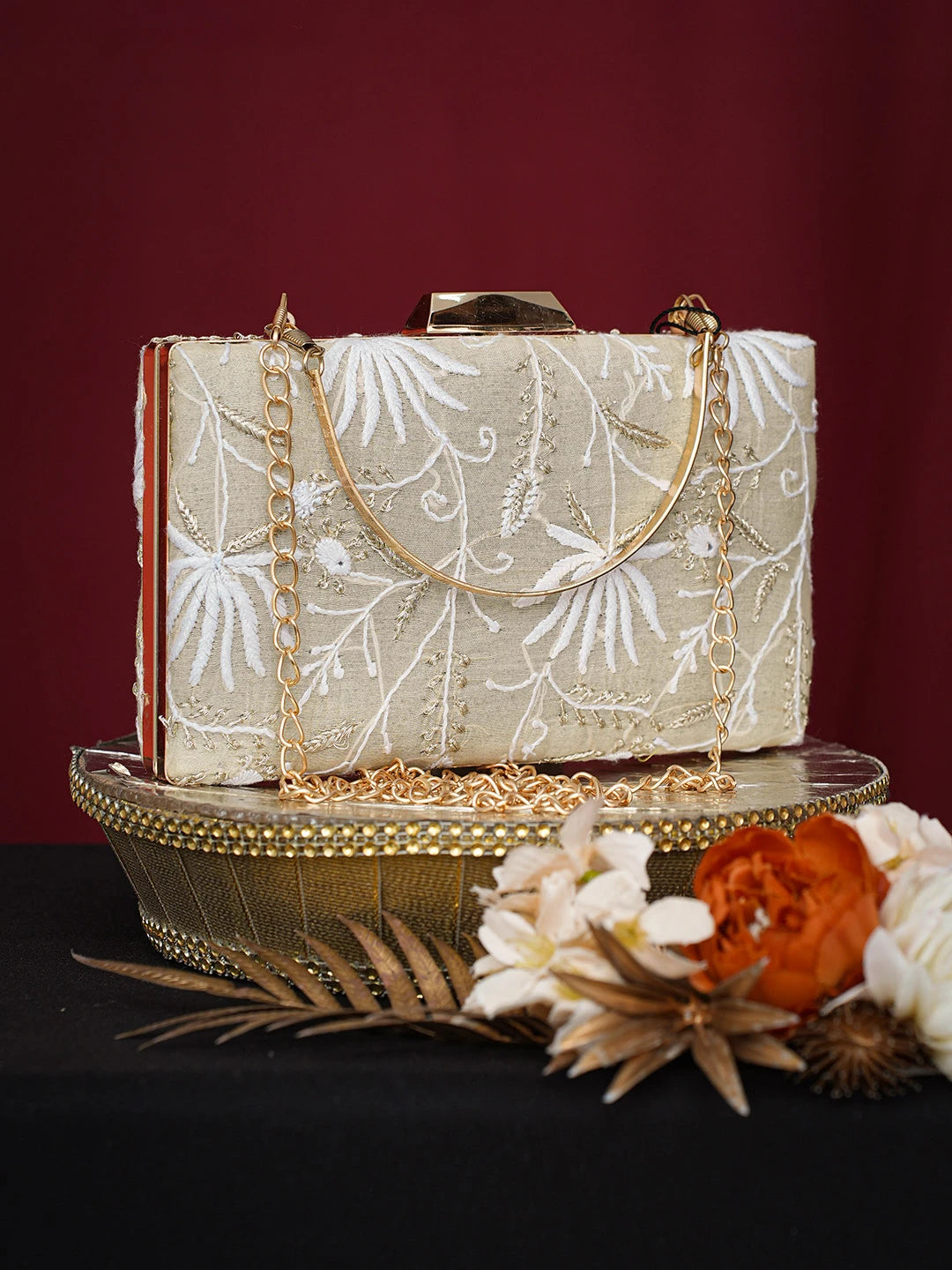 Ada Hand Embroidered Fawn Silk Lucknowi Chikankari Clutch With Golden Zari Taar Work 01A751063