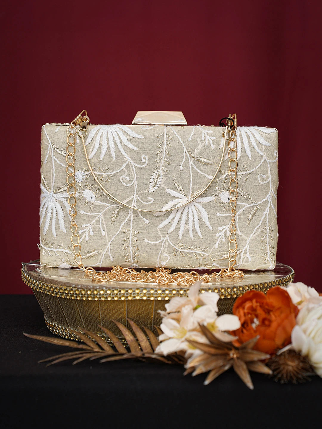 Ada Hand Embroidered Fawn Silk Lucknowi Chikankari Clutch With Golden Zari Taar Work 01A751063