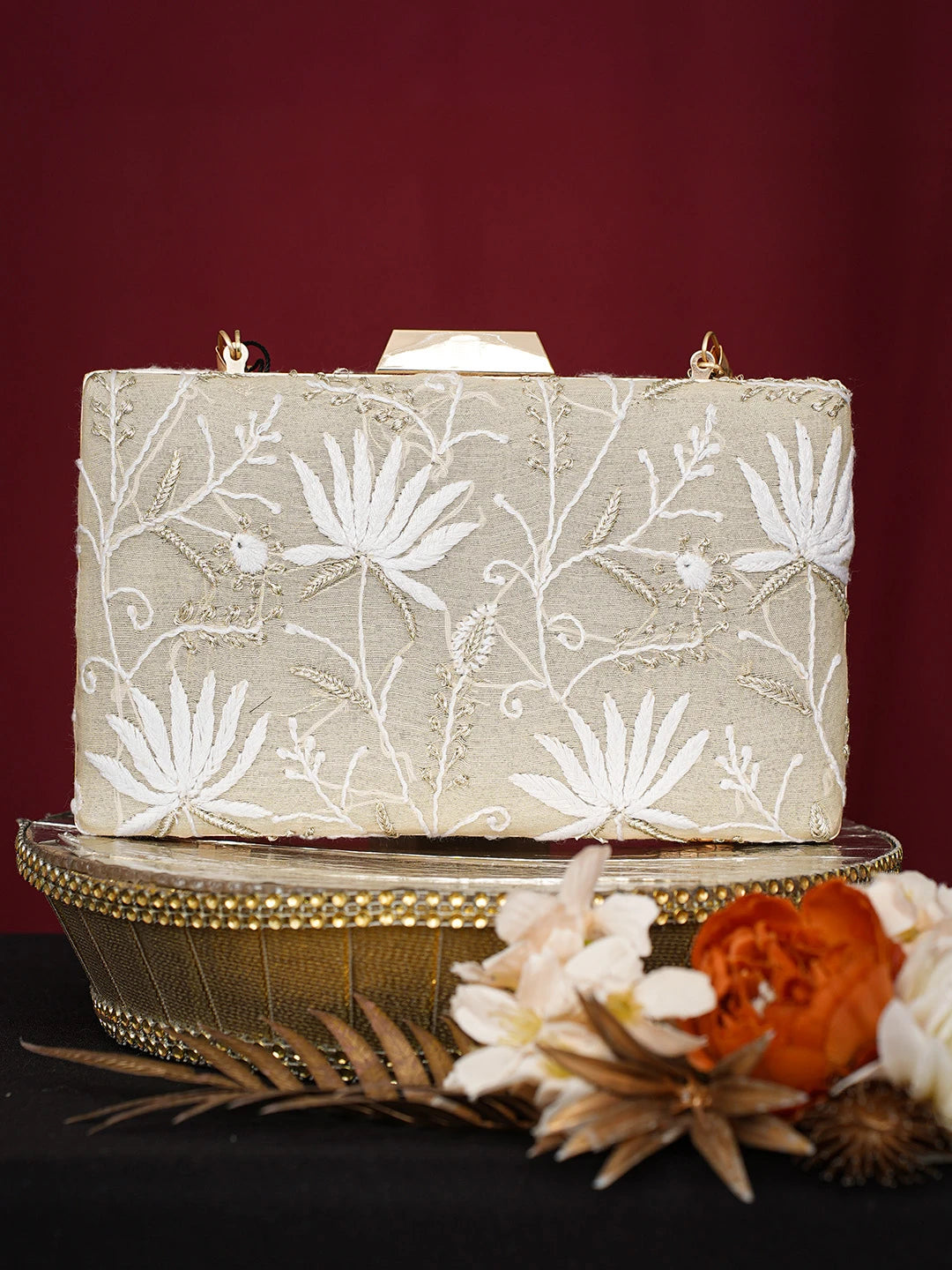 Ada Hand Embroidered Fawn Silk Lucknowi Chikankari Clutch With Golden Zari Taar Work 01A751063