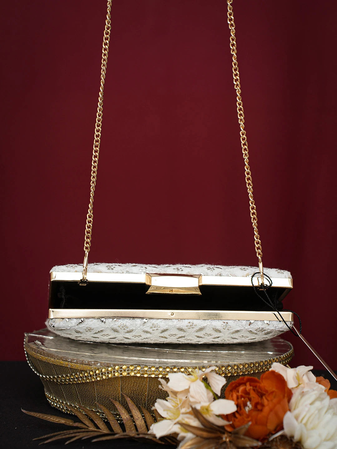Ada Hand Embroidered White Viscose Georgette Lucknowi Chikankari Clutch With Mukaish Work 01A751075