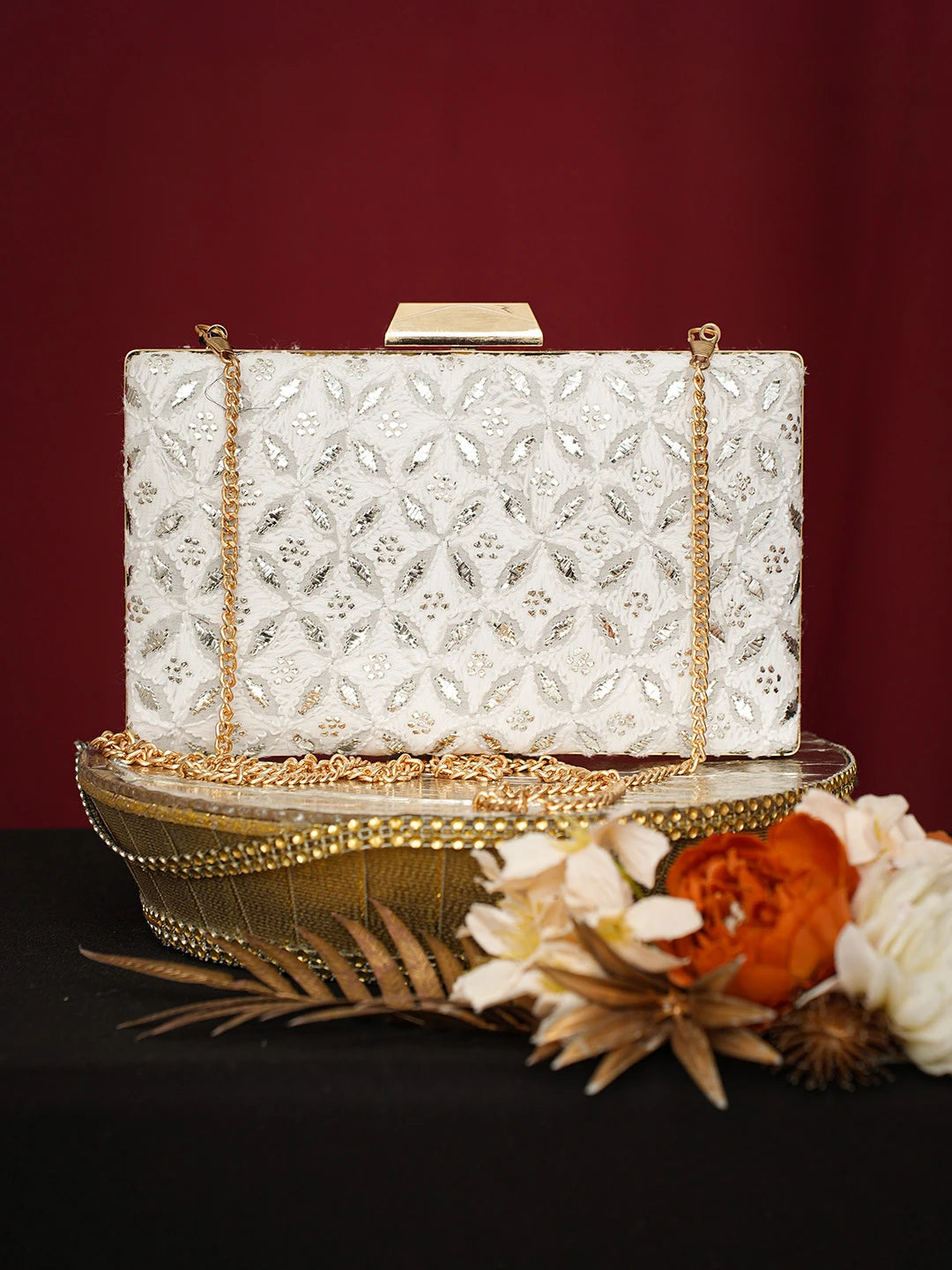 Ada Hand Embroidered White Viscose Georgette Lucknowi Chikankari Clutch With Mukaish Work 01A751075
