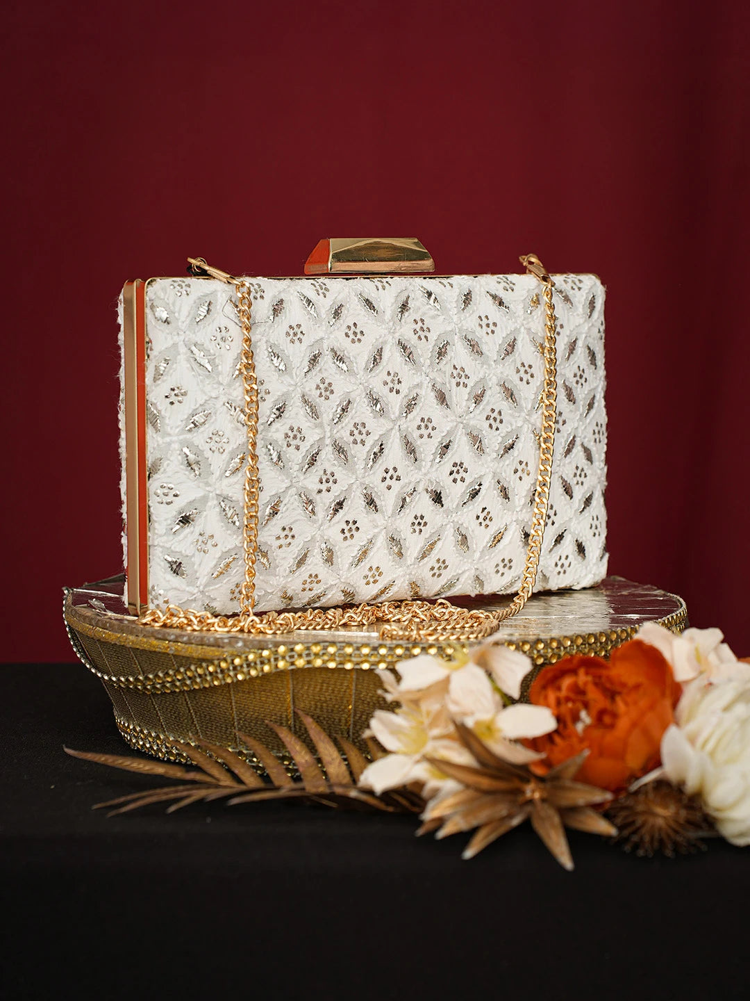 Ada Hand Embroidered White Viscose Georgette Lucknowi Chikankari Clutch With Mukaish Work 01A751075