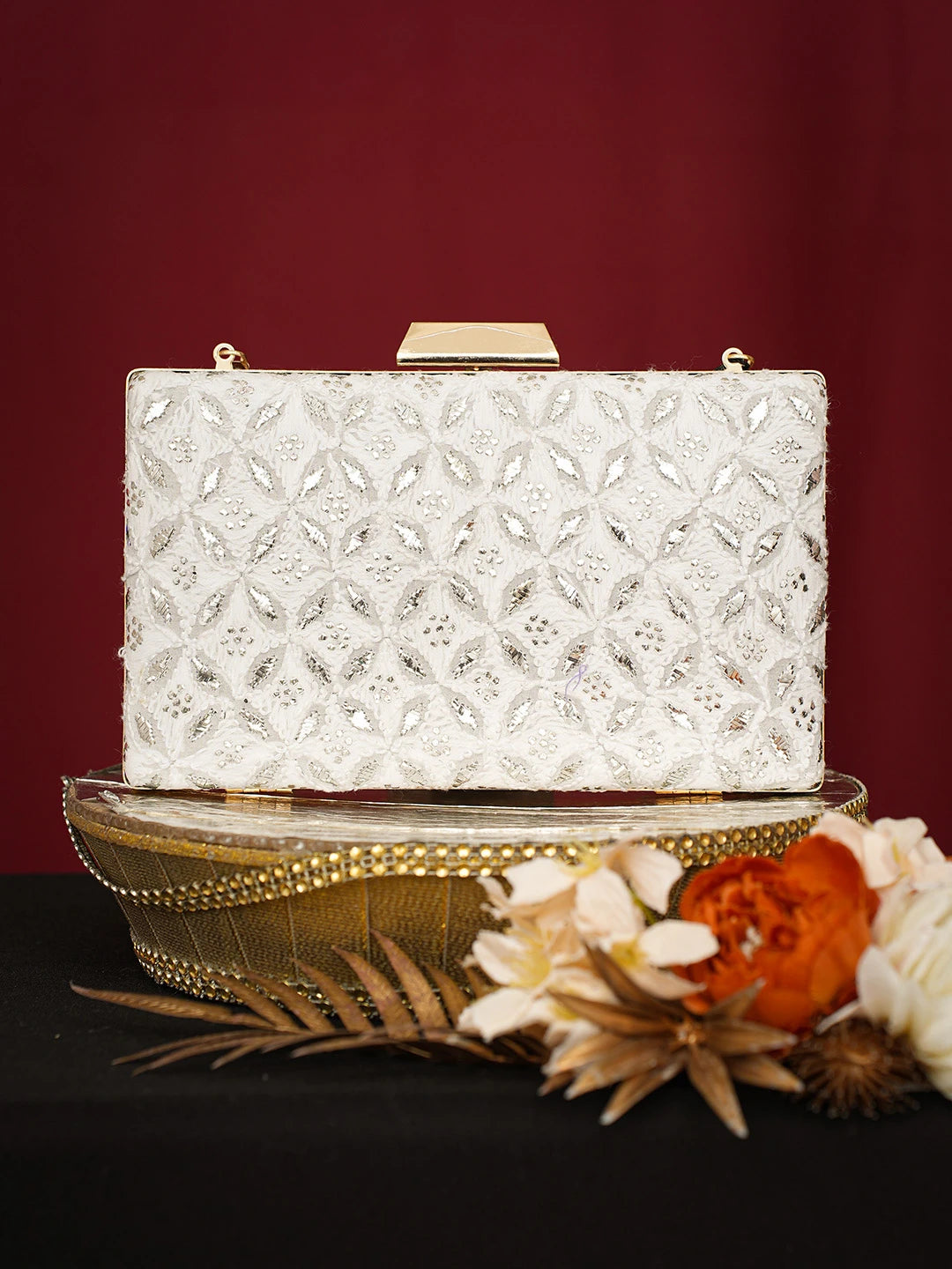 Ada Hand Embroidered White Viscose Georgette Lucknowi Chikankari Clutch With Mukaish Work 01A751075