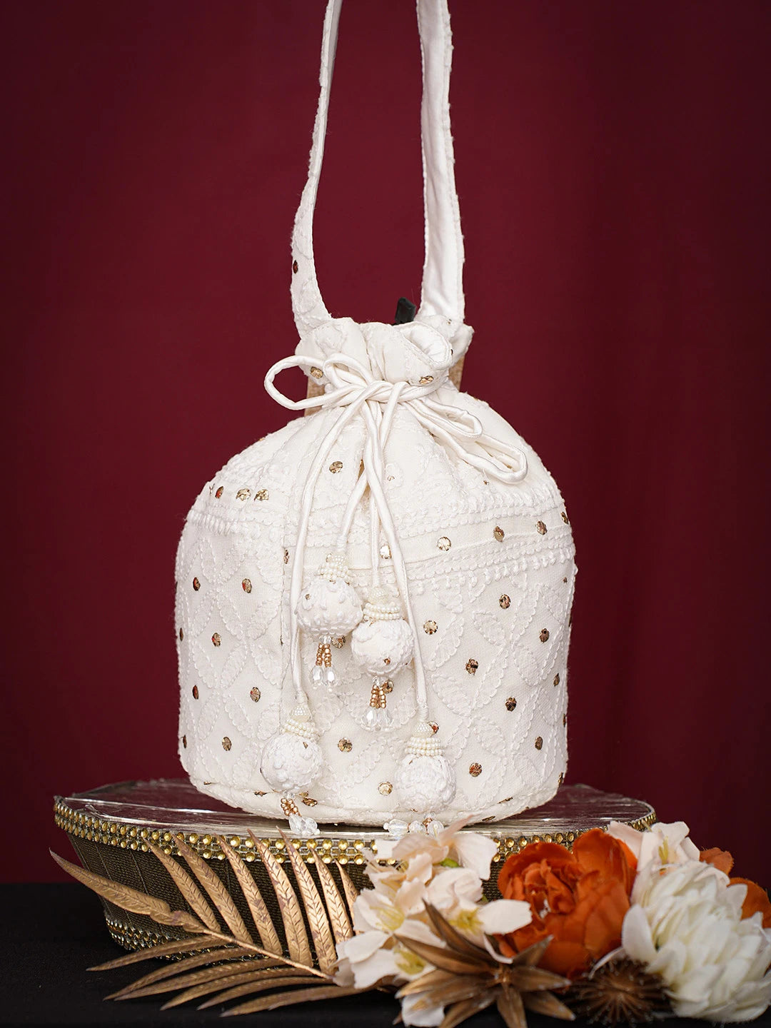 Ada Hand Embroidered White Viscose Georgette Lucknowi Chikankari Potli Bag With Muqaish Work 01A748895