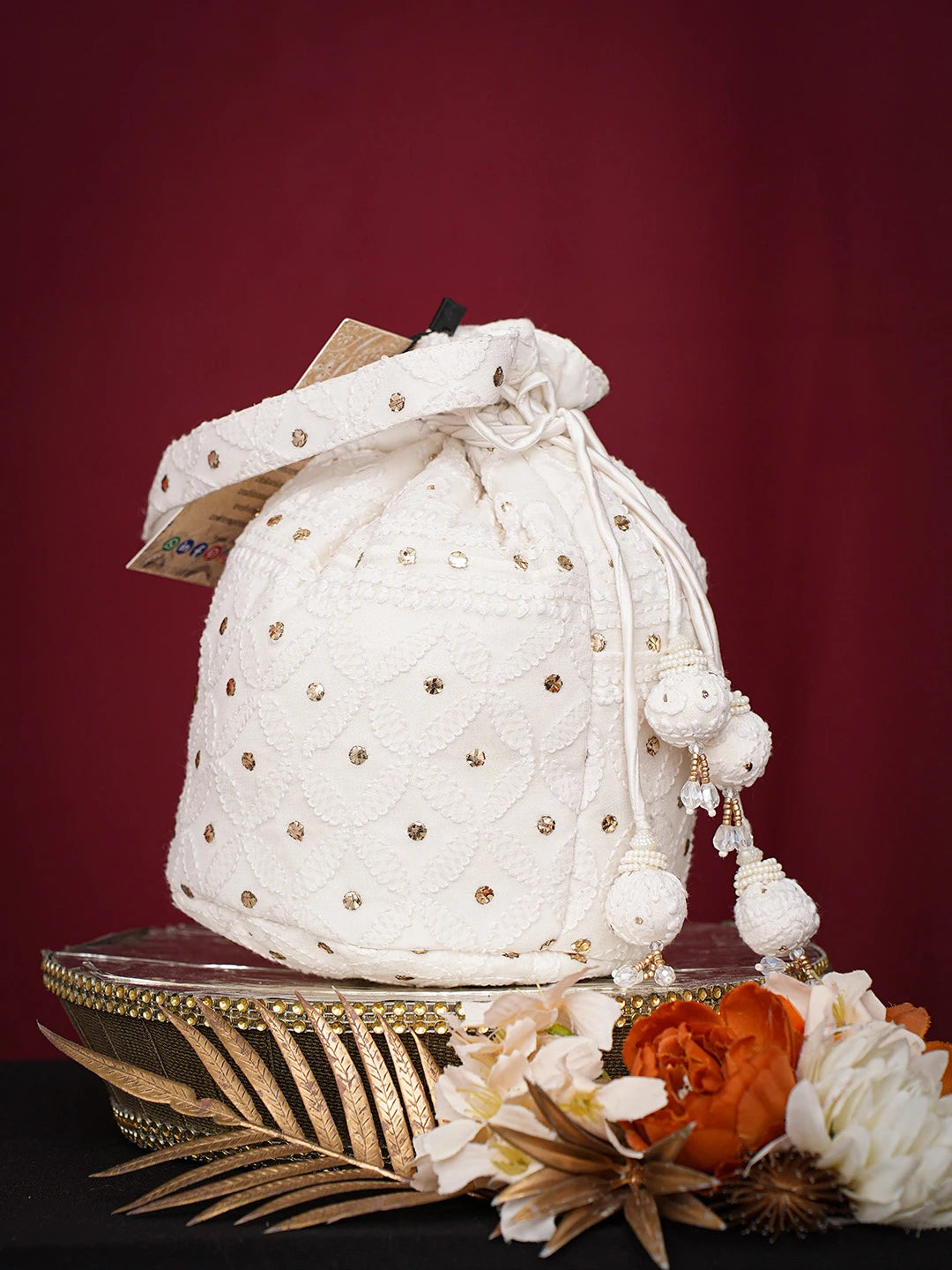 Ada Hand Embroidered White Viscose Georgette Lucknowi Chikankari Potli Bag With Muqaish Work 01A748895
