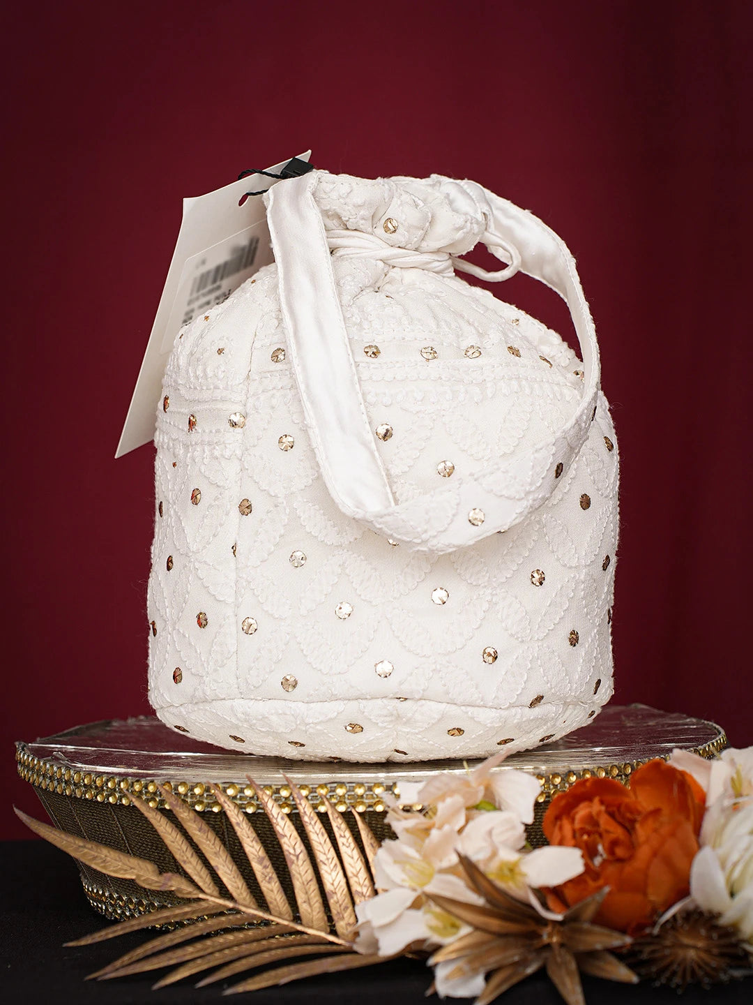 Ada Hand Embroidered White Viscose Georgette Lucknowi Chikankari Potli Bag With Muqaish Work 01A748895