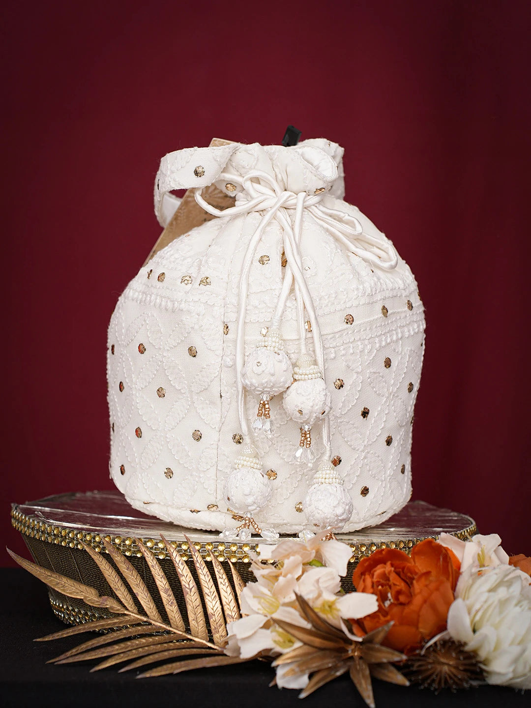 Ada Hand Embroidered White Viscose Georgette Lucknowi Chikankari Potli Bag With Muqaish Work 01A748895