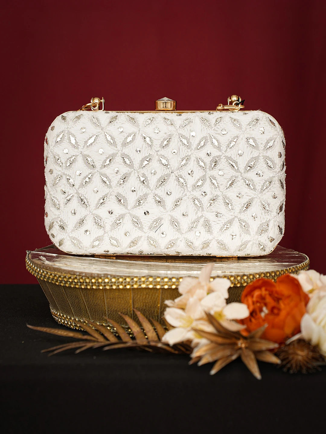 Ada Hand Embroidered White Viscose Georgette Lucknowi Chikankari Clutch With Mukaish Work 01A751072