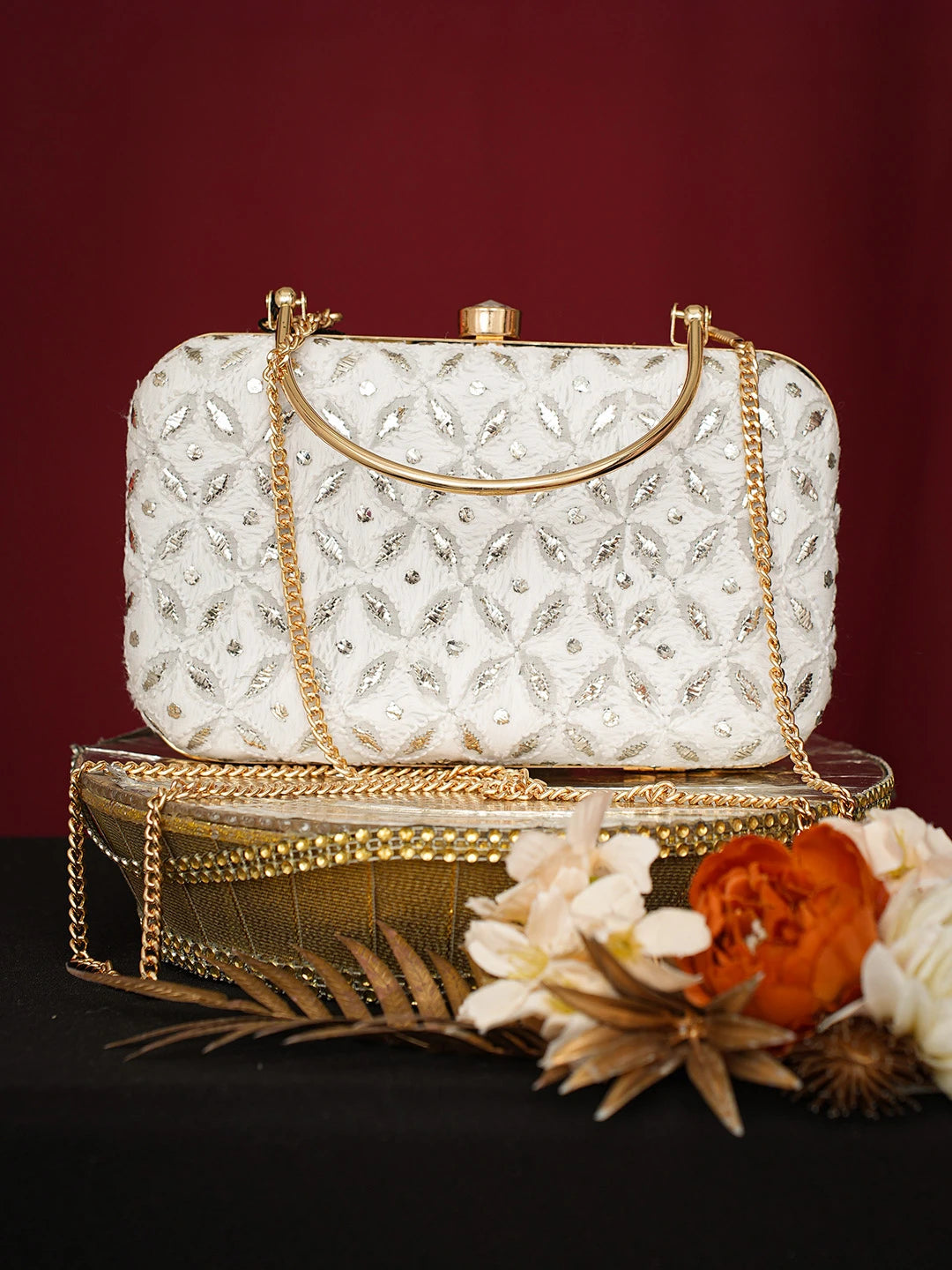 Ada Hand Embroidered White Viscose Georgette Lucknowi Chikankari Clutch With Mukaish Work 01A751072