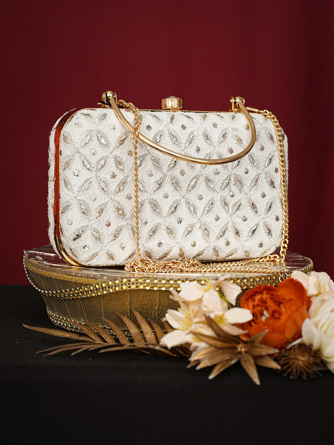 Ada Hand Embroidered White Viscose Georgette Lucknowi Chikankari Clutch With Mukaish Work 01A751072