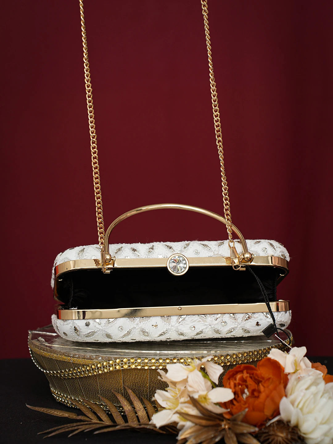 Ada Hand Embroidered White Viscose Georgette Lucknowi Chikankari Clutch With Mukaish Work 01A751072
