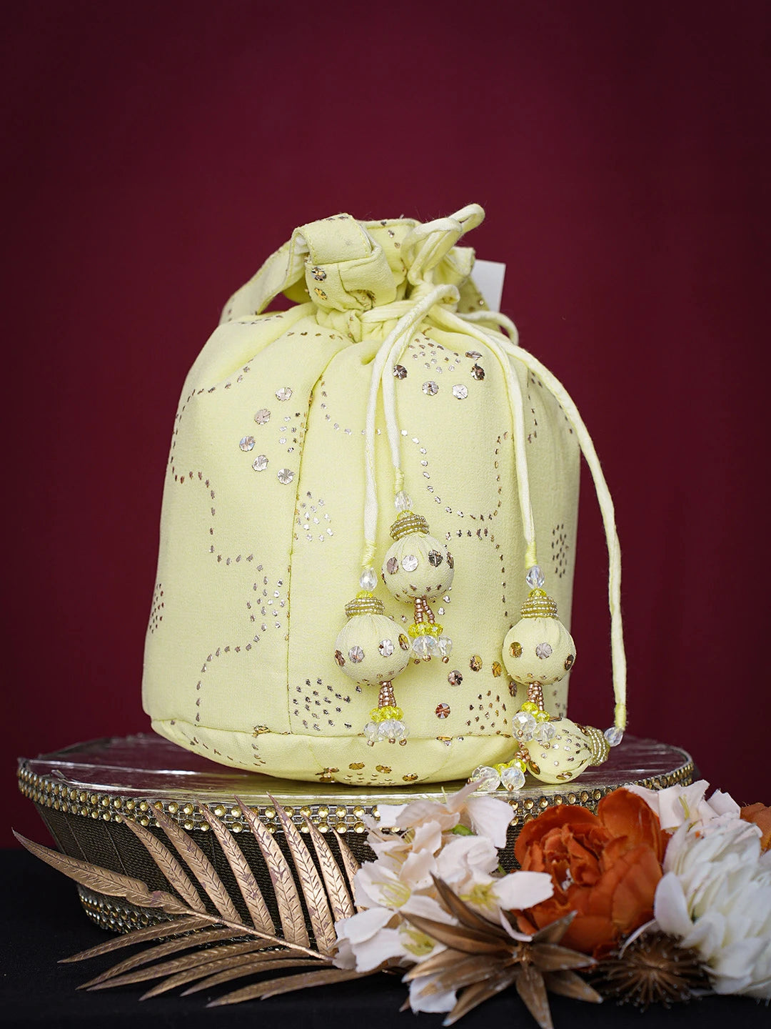 Ada Hand Embroidered Lemon Viscose Georgette Lucknowi Chikankari Potli Bag With Muqaish Work 01A748896