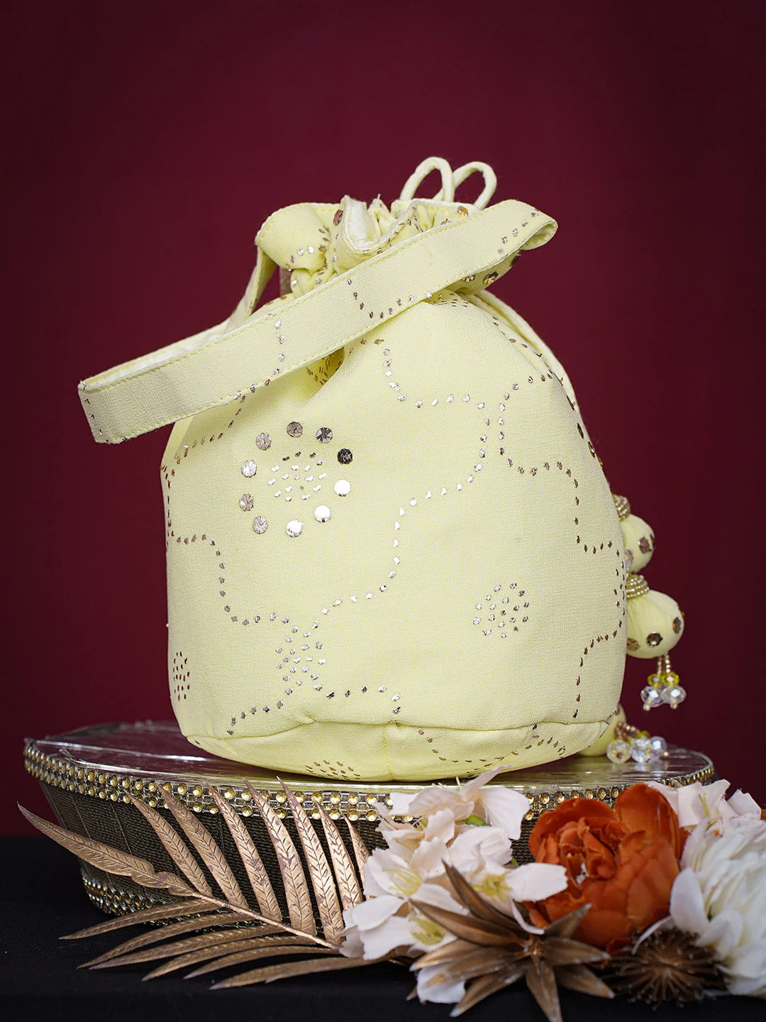 Ada Hand Embroidered Lemon Viscose Georgette Lucknowi Chikankari Potli Bag With Muqaish Work 01A748896