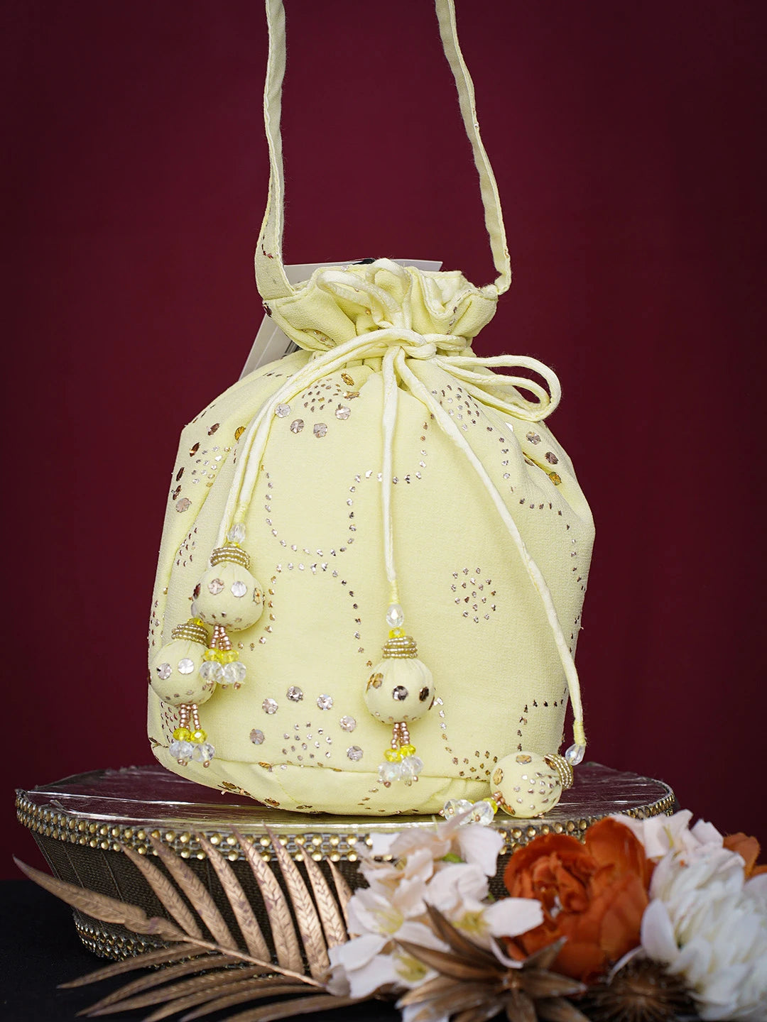 Ada Hand Embroidered Lemon Viscose Georgette Lucknowi Chikankari Potli Bag With Muqaish Work 01A748896