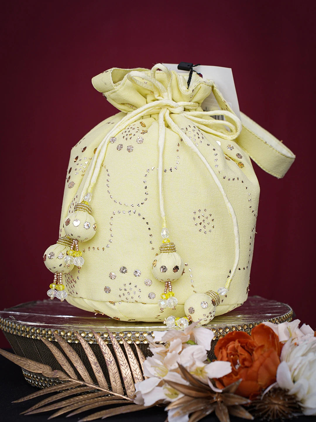 Ada Hand Embroidered Lemon Viscose Georgette Lucknowi Chikankari Potli Bag With Muqaish Work 01A748896