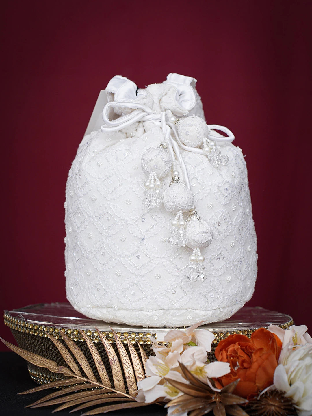 Ada Hand Embroidered White Viscose Georgette Lucknowi Chikankari Potli Bag With Cutdana Work 01A748897
