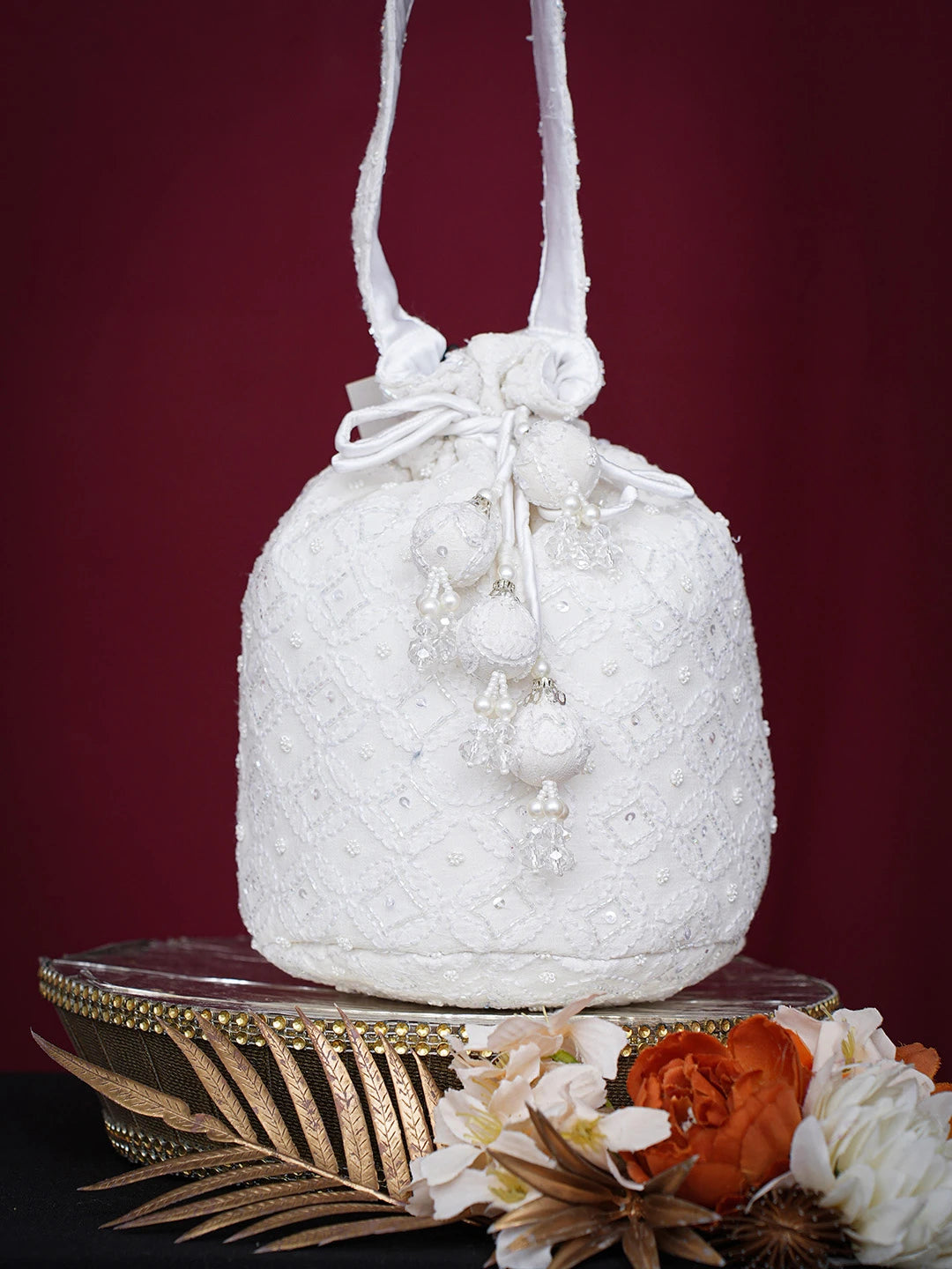 Ada Hand Embroidered White Viscose Georgette Lucknowi Chikankari Potli Bag With Cutdana Work 01A748897