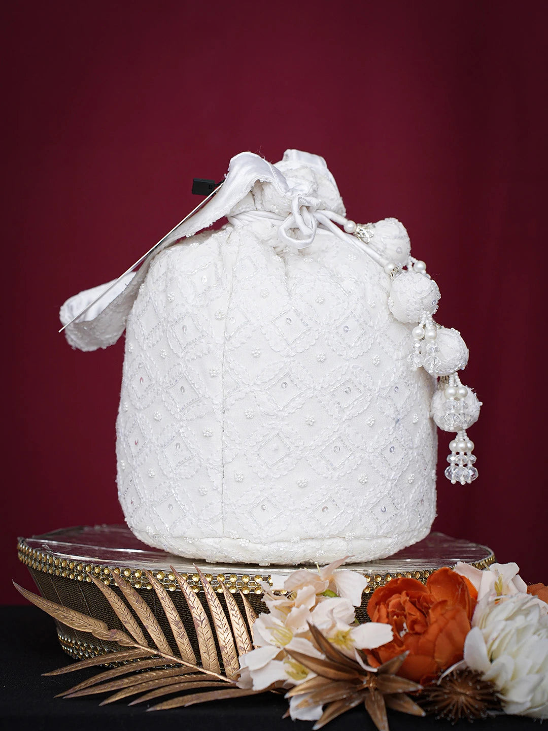 Ada Hand Embroidered White Viscose Georgette Lucknowi Chikankari Potli Bag With Cutdana Work 01A748897