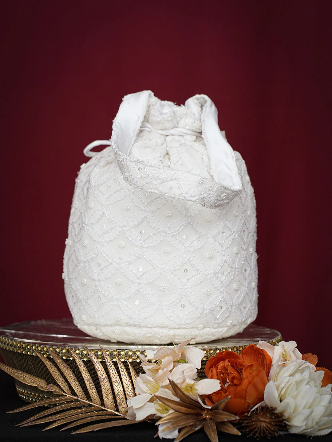 Ada Hand Embroidered White Viscose Georgette Lucknowi Chikankari Potli Bag With Cutdana Work 01A748897