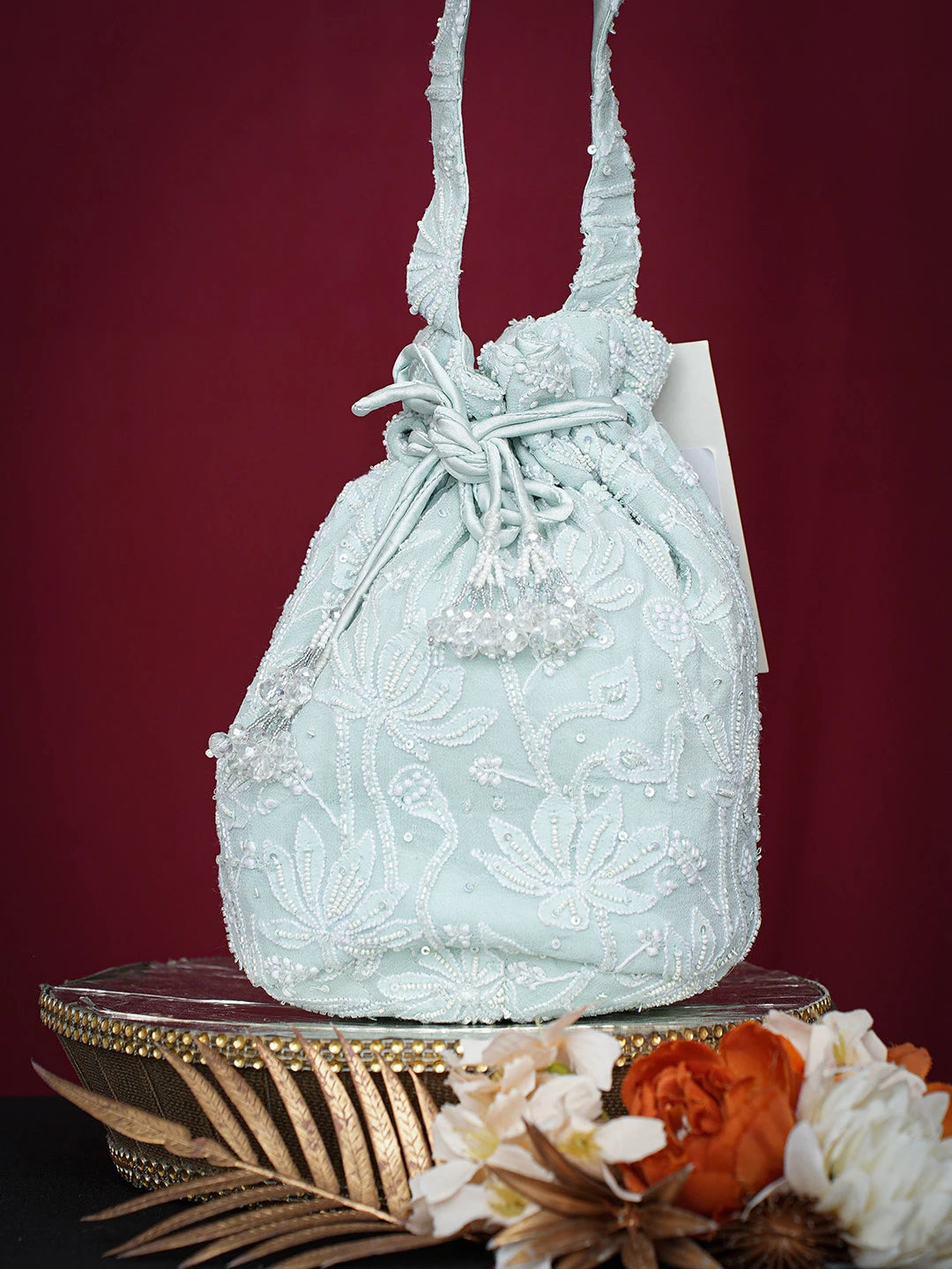 Ada Hand Embroidered Sea Green Viscose Georgette Lucknowi Chikankari Potli Bag With Cutdana Work 01A742032