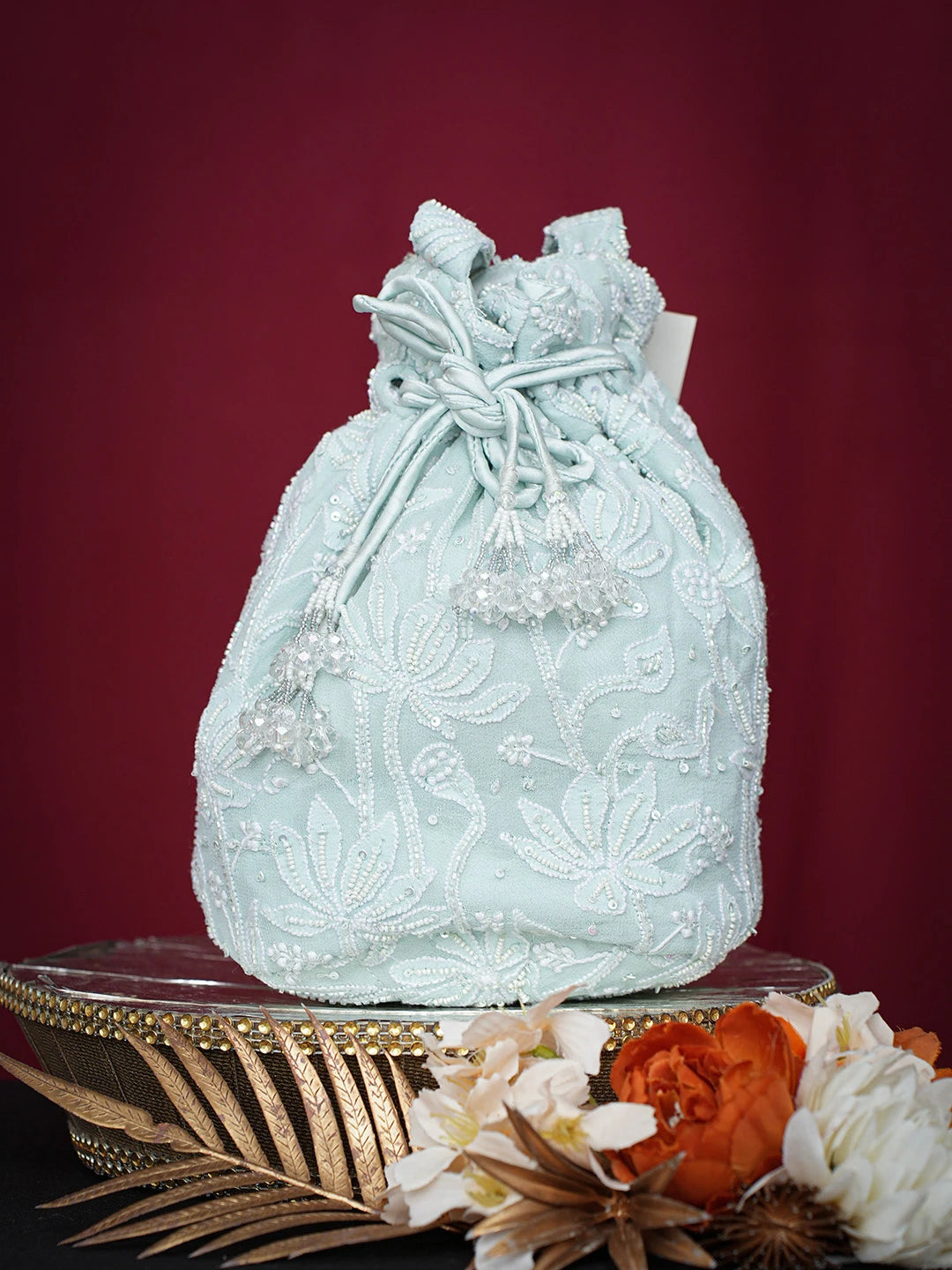 Ada Hand Embroidered Sea Green Viscose Georgette Lucknowi Chikankari Potli Bag With Cutdana Work 01A742032