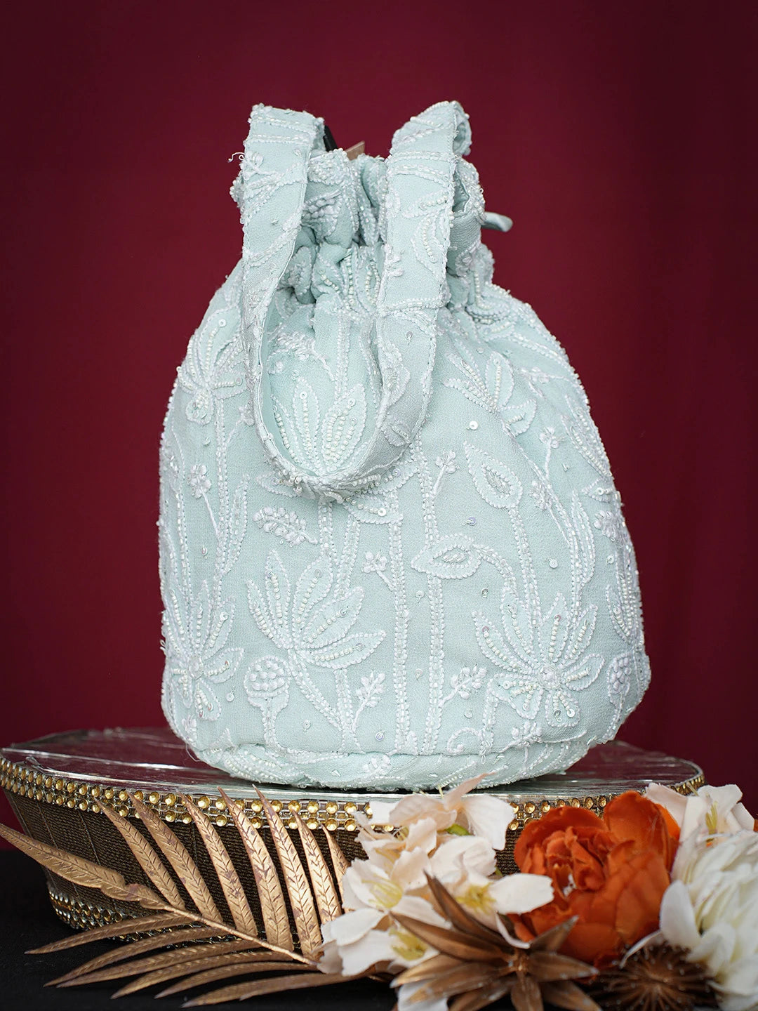 Ada Hand Embroidered Sea Green Viscose Georgette Lucknowi Chikankari Potli Bag With Cutdana Work 01A742032