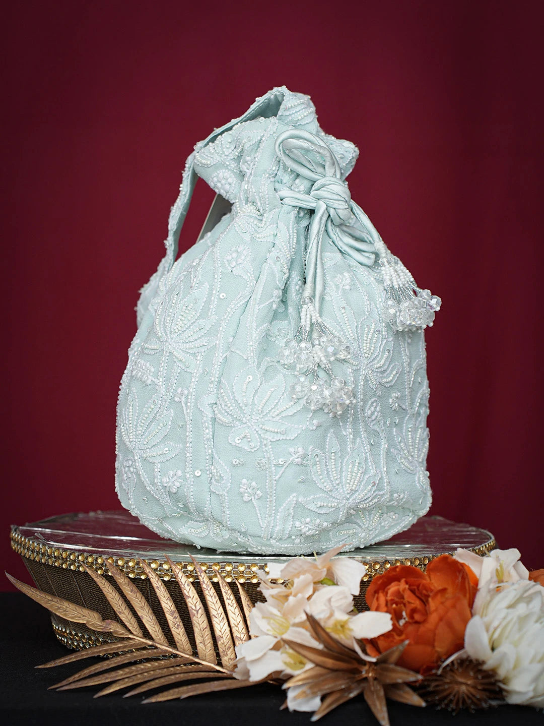Ada Hand Embroidered Sea Green Viscose Georgette Lucknowi Chikankari Potli Bag With Cutdana Work 01A742032