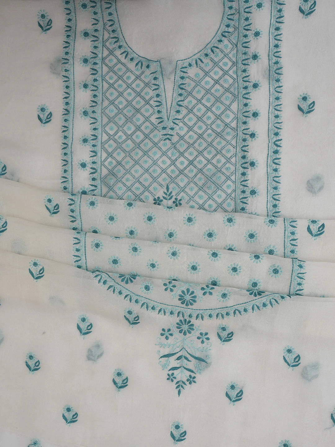 Ada Hand Embroidered Smoke White Organza Lucknowi Chikankari Unstitched Kurta Dupatta Set 01A650812