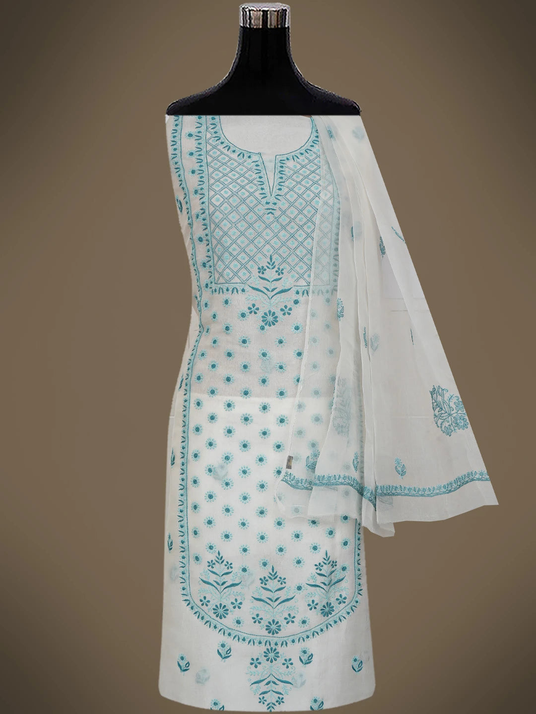 Ada Hand Embroidered Smoke White Organza Lucknowi Chikankari Unstitched Kurta Dupatta Set 01A650812