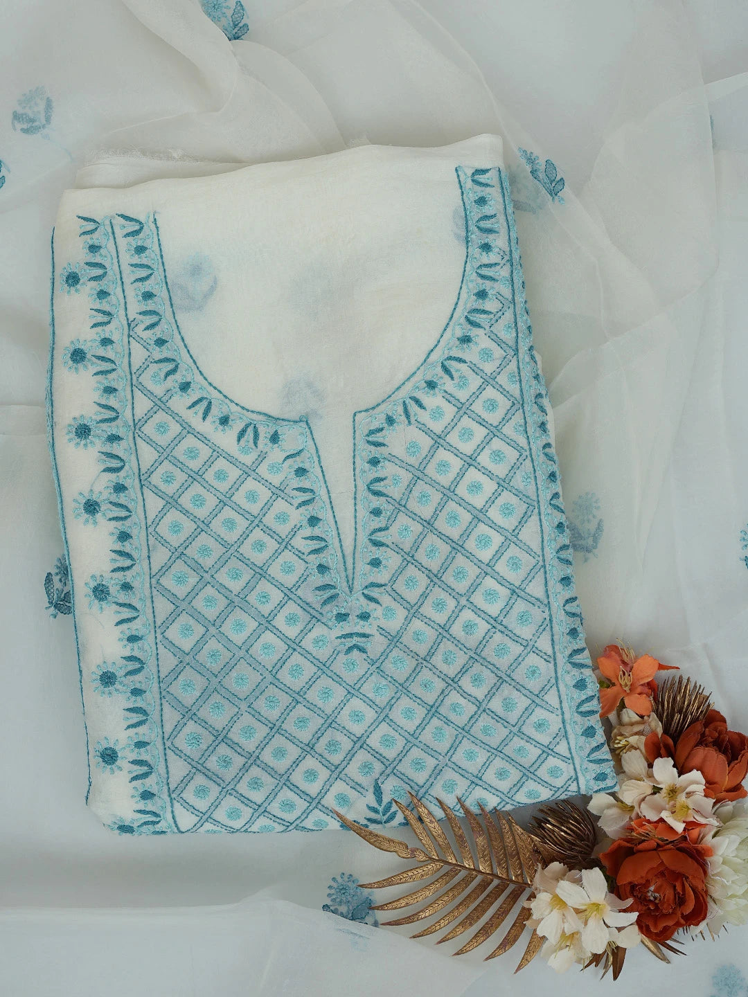 Ada Hand Embroidered Smoke White Organza Lucknowi Chikankari Unstitched Kurta Dupatta Set 01A650812