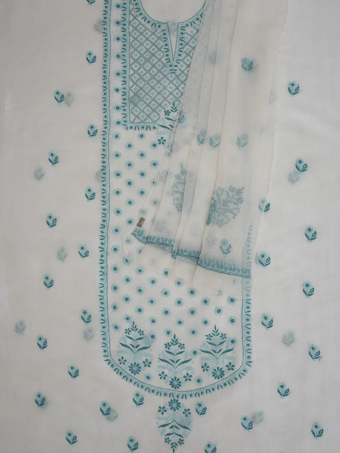 Ada Hand Embroidered Smoke White Organza Lucknowi Chikankari Unstitched Kurta Dupatta Set 01A650812