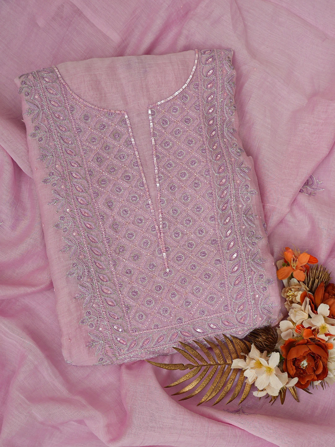 Ada Hand Embroidered Pink Chanderi Lucknowi Chikankari Unstitched Kurta Dupatta Set With Zari Work 01A682751