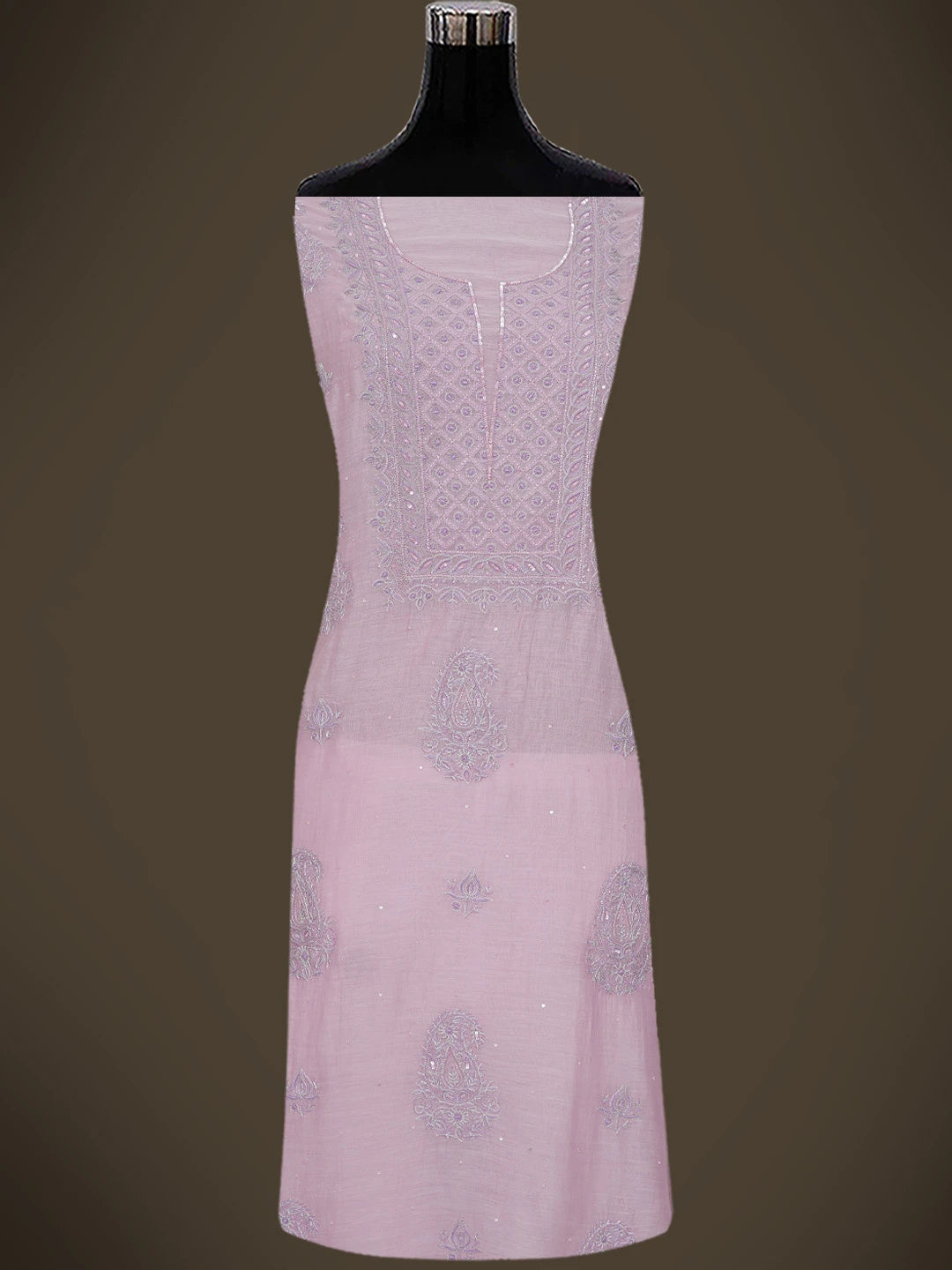 Ada Hand Embroidered Pink Chanderi Lucknowi Chikankari Unstitched Kurta Dupatta Set With Zari Work 01A682751
